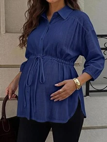 MaterniWear 時尚編織素色休閒戶外寬鬆版型翻領腰部抽繩孕婦女式襯衫 - 藏蓝色 - 查看 1