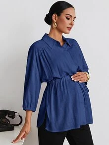 MaterniWear 時尚編織素色休閒戶外寬鬆版型翻領腰部抽繩孕婦女式襯衫 - 藏蓝色 - 查看 4