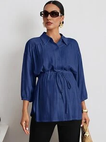 MaterniWear 時尚編織素色休閒戶外寬鬆版型翻領腰部抽繩孕婦女式襯衫 - 藏蓝色 - 查看 3
