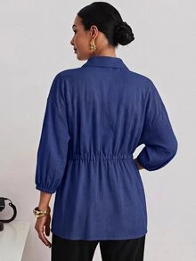 MaterniWear 時尚編織素色休閒戶外寬鬆版型翻領腰部抽繩孕婦女式襯衫 - 藏蓝色 - 查看 2