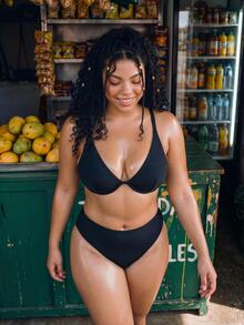 SHEIN Swim 2026新款黑色極簡大尺碼女款比基尼上衣 - 黑色 - 查看 7