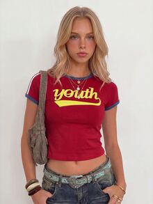 Sundraya Red Retro American Style Sporty Crew Neck Contrast Color Letter Graphic Short Sleeve T-Shirt - Burgundy - View 6