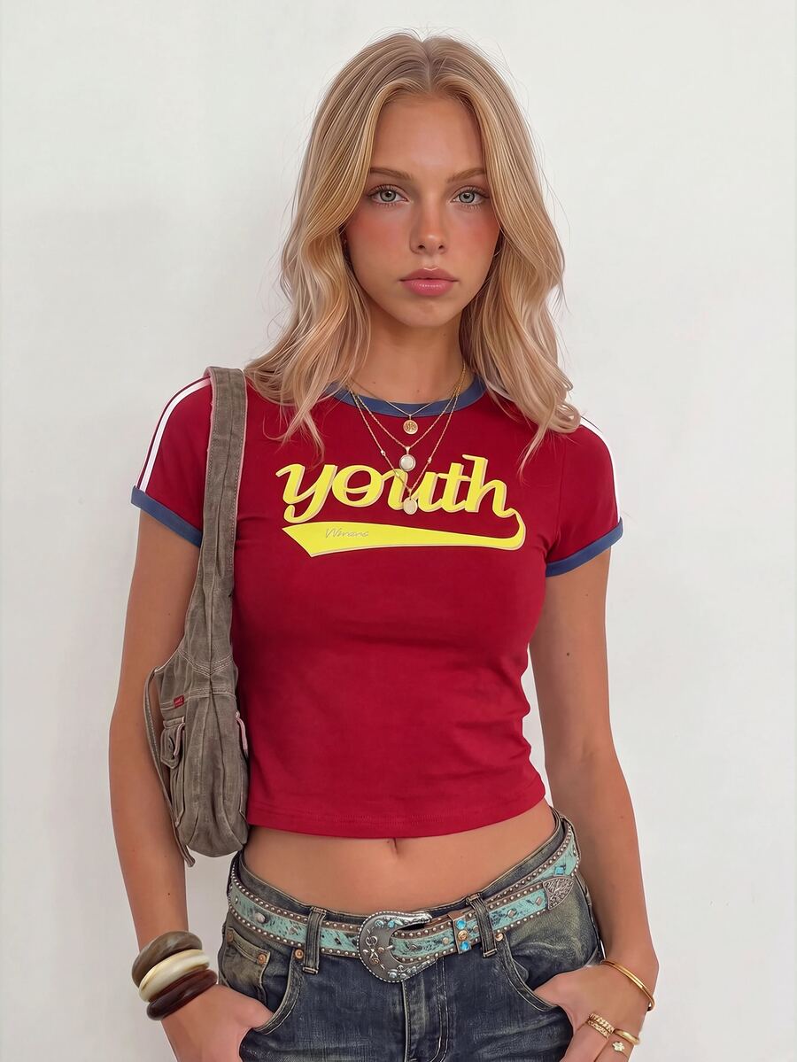 Sundraya Red Retro American Style Sporty Crew Neck Contrast Color Letter Graphic Short Sleeve T-Shirt - Burgundy - View 1