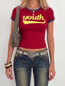 Sundraya Red Retro American Style Sporty Crew Neck Contrast Color Letter Graphic Short Sleeve T-Shirt - Burgundy - View 2