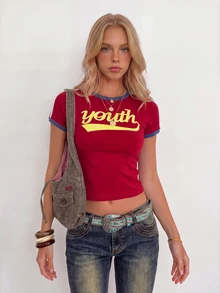 Sundraya Red Retro American Style Sporty Crew Neck Contrast Color Letter Graphic Short Sleeve T-Shirt - Burgundy - View 3