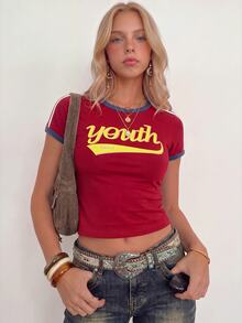 Sundraya Red Retro American Style Sporty Crew Neck Contrast Color Letter Graphic Short Sleeve T-Shirt - Burgundy - View 1