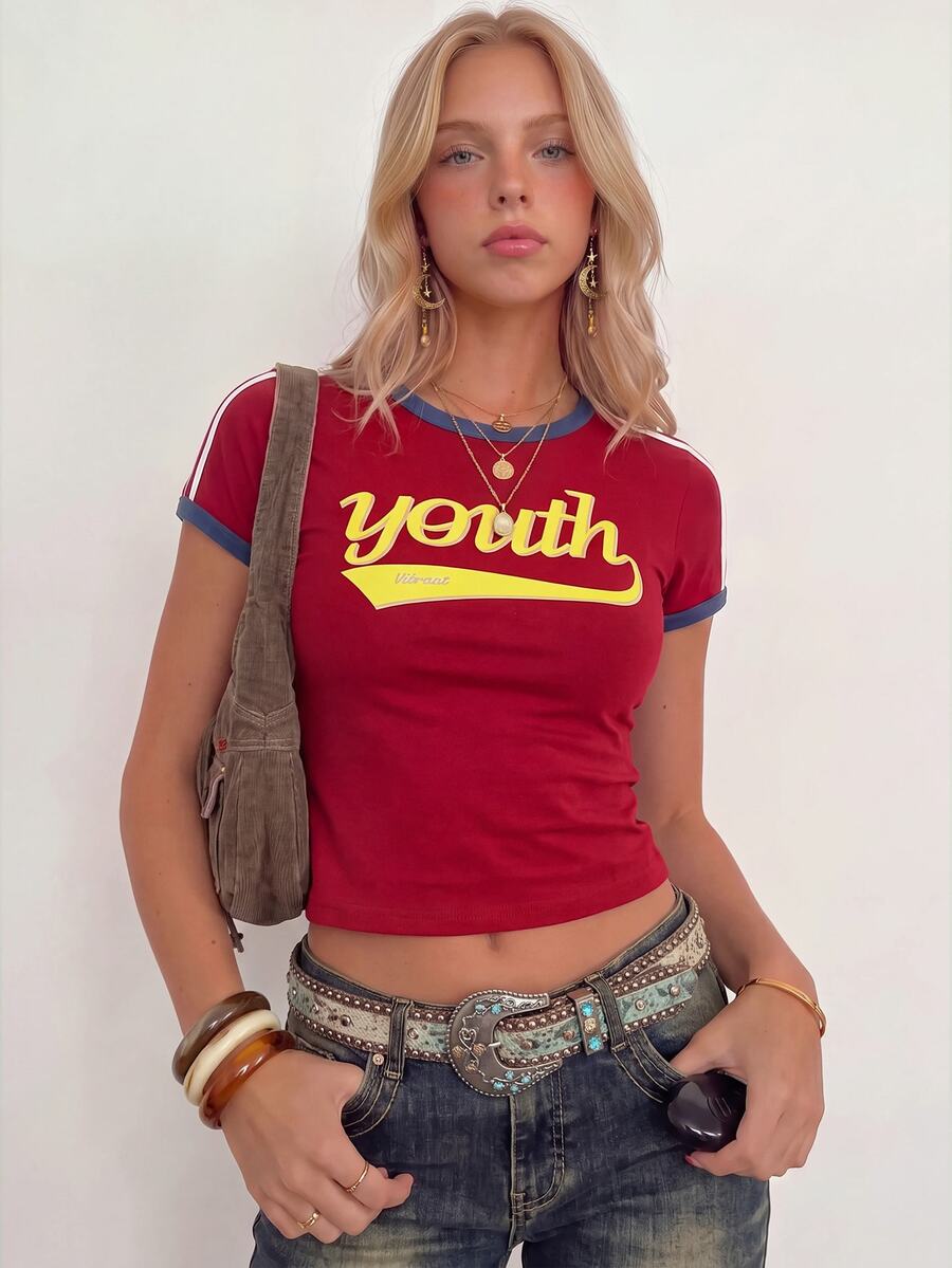 Sundraya Red Retro American Style Sporty Crew Neck Contrast Color Letter Graphic Short Sleeve T-Shirt - Burgundy - View 1