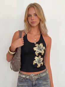 IslaSuriya Women's Summer Casual Floral Print Halter Top - Black - View 4