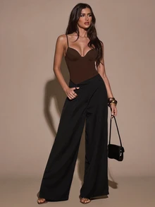 SHEIN BAE 女款性感可調節細肩帶純色緊身抹胸連身衣，適合日常穿著、派對、戶外活動、通勤、街頭風、度假 - 咖啡棕 - 查看 5