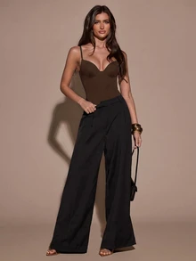 SHEIN BAE 女款性感可調節細肩帶純色緊身抹胸連身衣，適合日常穿著、派對、戶外活動、通勤、街頭風、度假 - 咖啡棕 - 查看 6