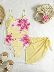 SHEIN Tween Girl Floral Print One-Piece Swimwear With Cover-Up Skirt - Yellow - View 6
