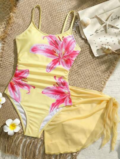 SHEIN Tween Girl Tween Girl Floral Print One-Piece Swimwear With Cover-Up Skirt