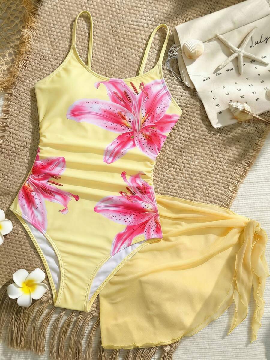 SHEIN Tween Girl Floral Print One-Piece Swimwear With Cover-Up Skirt - Yellow - View 1
