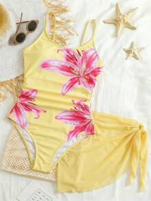 SHEIN Tween Girl Floral Print One-Piece Swimwear With Cover-Up Skirt - Yellow - View 8