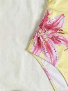 SHEIN Tween Girl Floral Print One-Piece Swimwear With Cover-Up Skirt - Yellow - View 3