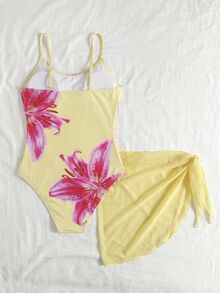 SHEIN Tween Girl Floral Print One-Piece Swimwear With Cover-Up Skirt - Yellow - View 2