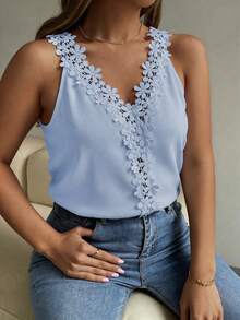 SHEIN Clasi Áo camisole cỡ lớn đa năng cổ chữ V phối ren, chất liệu vải dệt họa tiết. - Màu xanh lam - Xem 6