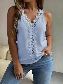 SHEIN Clasi Áo camisole cỡ lớn đa năng cổ chữ V phối ren, chất liệu vải dệt họa tiết. - Màu xanh lam - Xem 4