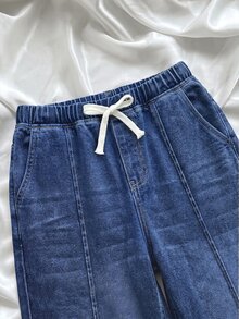 SHEIN 少女抽繩腰口袋休閒日常穿著牛仔長褲 - 深色水洗藍 - 查看 6