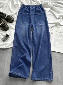SHEIN 少女抽繩腰口袋休閒日常穿著牛仔長褲 - 深色水洗藍 - 查看 2
