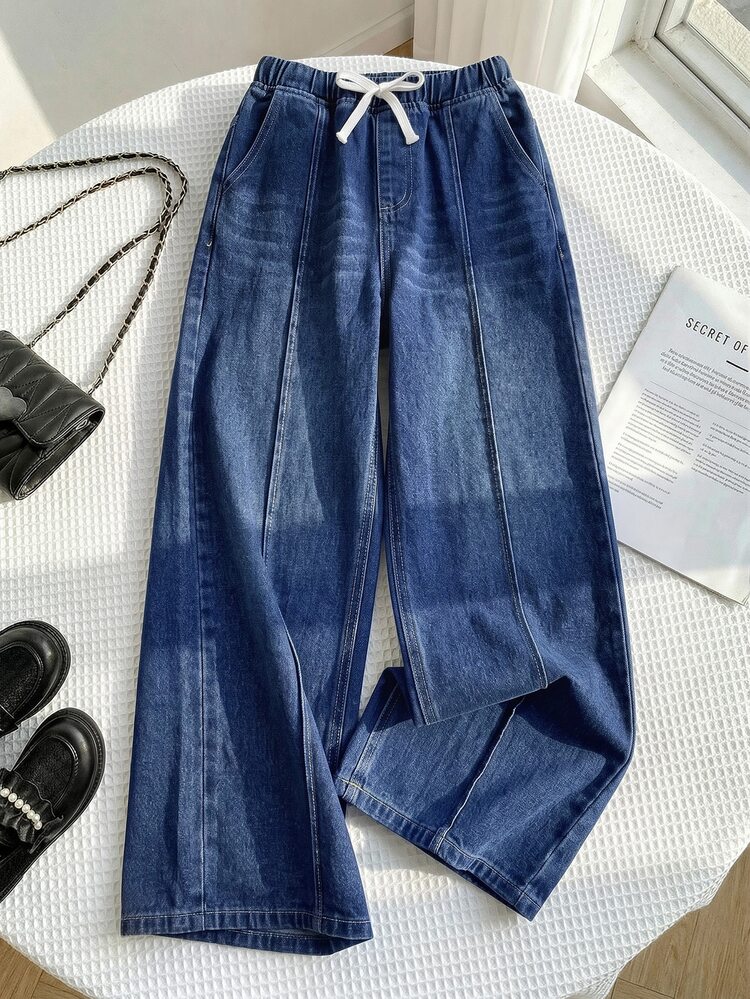 SHEIN Tween Girl Drawstring Waist Pocket Casual Daily Wear Denim Jeans - Dark Wash - View 1