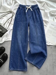 SHEIN 少女抽繩腰口袋休閒日常穿著牛仔長褲 - 深色水洗藍 - 查看 3