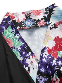 Irokai 女款優雅傳統花卉印花收腰對比色時尚傳統腰帶寬袖和服腰帶深藍色浴衣音樂會夏季 - 彩色 - 查看 7
