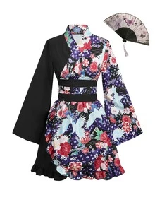 Irokai 女款優雅傳統花卉印花收腰對比色時尚傳統腰帶寬袖和服腰帶深藍色浴衣音樂會夏季 - 彩色 - 查看 2