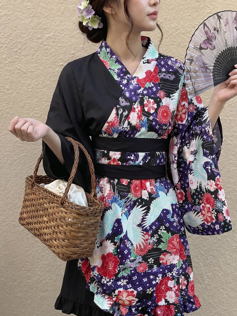 Irokai 女款優雅傳統花卉印花收腰對比色時尚傳統腰帶寬袖和服腰帶深藍色浴衣音樂會夏季 - 彩色 - 查看 1