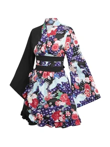 Irokai 女款優雅傳統花卉印花收腰對比色時尚傳統腰帶寬袖和服腰帶深藍色浴衣音樂會夏季 - 彩色 - 查看 6