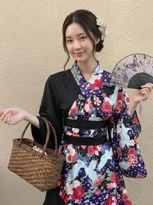 Irokai 女款優雅傳統花卉印花收腰對比色時尚傳統腰帶寬袖和服腰帶深藍色浴衣音樂會夏季 - 彩色 - 查看 3