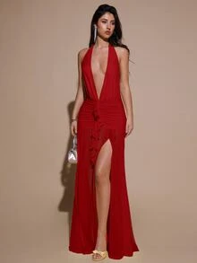 SHEIN BAE 性感简约纯色黄色奶油色深V领露背修身褶皱网纱长款连衣裙，适合派对、鸡尾酒会、正式场合、伴娘、生日、圣诞节、商务休闲等场合，优雅女装 - 紅色 - 查看 4