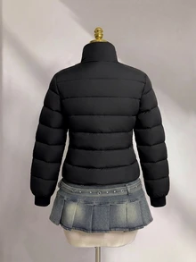 SHEIN 青少年女孩冬季外套，秋季，長袖，舒適，寬鬆，日常，戶外，街頭風，夾克，保暖 - 黑色 - 查看 3