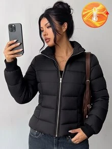 SHEIN 青少年女孩冬季外套，秋季，長袖，舒適，寬鬆，日常，戶外，街頭風，夾克，保暖 - 黑色 - 查看 1