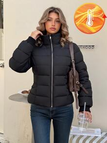 SHEIN 青少年女孩冬季外套，秋季，長袖，舒適，寬鬆，日常，戶外，街頭風，夾克，保暖 - 黑色 - 查看 5