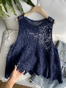 SHEIN EZwear 大尺碼女款春夏純色休閒百搭日常穿著針織背心 - 藏蓝色 - 查看 3