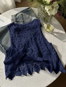 SHEIN EZwear 大尺碼女款春夏純色休閒百搭日常穿著針織背心 - 藏蓝色 - 查看 1