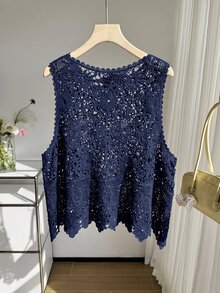 SHEIN EZwear 大尺碼女款春夏純色休閒百搭日常穿著針織背心 - 藏蓝色 - 查看 2