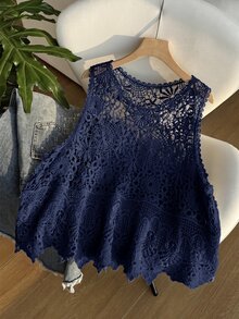 SHEIN EZwear 大尺碼女款春夏純色休閒百搭日常穿著針織背心 - 藏蓝色 - 查看 4
