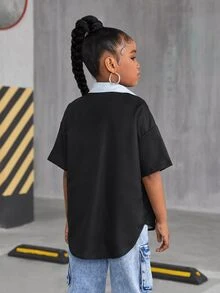 SHEIN Tween Girls' Casual Printed Loose Short Sleeve Blouse Top, Mommy And Me Matching (2 Pieces Sold Separately) - Black - View 6