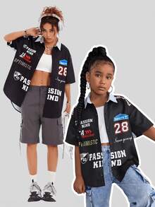 SHEIN Tween Girls' Casual Printed Loose Short Sleeve Blouse Top, Mommy And Me Matching (2 Pieces Sold Separately) - Black - View 1