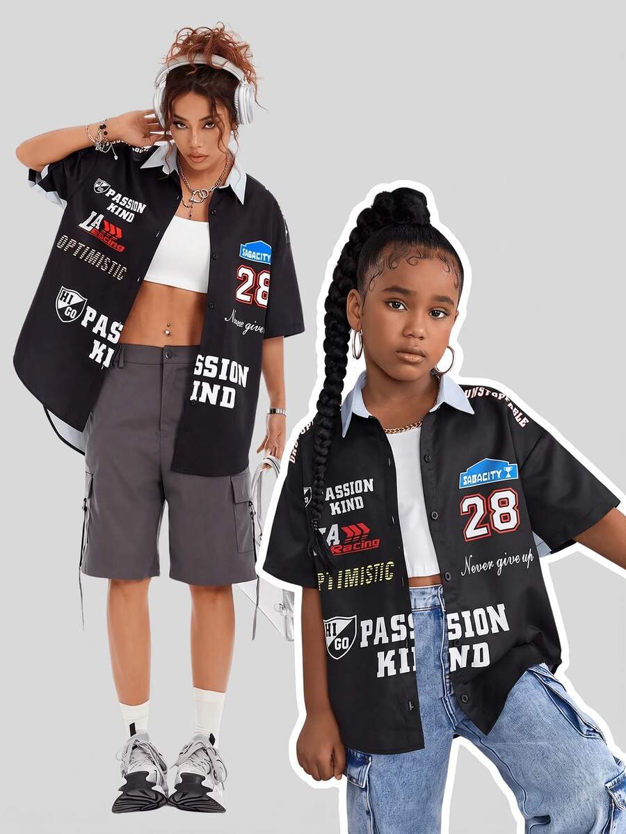 SHEIN Tween Girls' Casual Printed Loose Short Sleeve Blouse Top, Mommy And Me Matching (2 Pieces Sold Separately) - Black - View 1