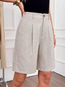 Easowa Spring/Summer Khaki Bermuda Shorts Casual Elegant Business Brunch Work Office Old Money Style - Khaki - View 2