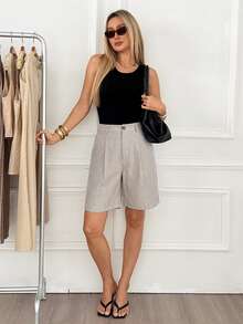 Easowa Spring/Summer Khaki Bermuda Shorts Casual Elegant Business Brunch Work Office Old Money Style - Khaki - View 5