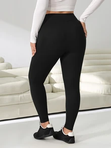 Solflare Plus Size Casual Soft Racing Soft Soft Modest Versatile Solid Color High Waist Leggings Gym Pilates Formal Workout Black Summer Gym Workout Summer - Black - View 3