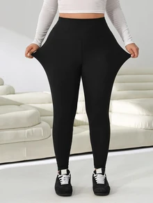 Solflare Plus Size Casual Soft Racing Soft Soft Modest Versatile Solid Color High Waist Leggings Gym Pilates Formal Workout Black Summer Gym Workout Summer - Black - View 4