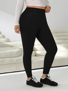 Solflare Plus Size Casual Soft Racing Soft Soft Modest Versatile Solid Color High Waist Leggings Gym Pilates Formal Workout Black Summer Gym Workout Summer - Black - View 5