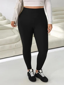 Solflare Plus Size Casual Soft Racing Soft Soft Modest Versatile Solid Color High Waist Leggings Gym Pilates Formal Workout Black Summer Gym Workout Summer - Black - View 6