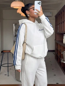 Muchica 女款字母印花拼色休閒日常連帽衛衣 - 白色 - 查看 4