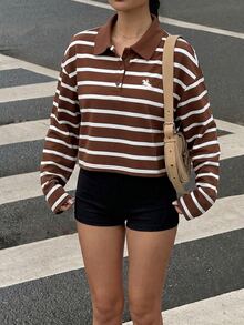 Muchica Women's Brown Stripe Colorblock Knight Graphic Casual Preppy Everyday Long Sleeve Sweatshirt School Autumn - Brown - View 6